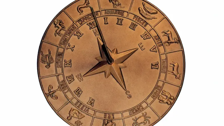Bronzas pulkstenis ar iegravētām divpadsmit zodiaka zīmēm un norādēm.