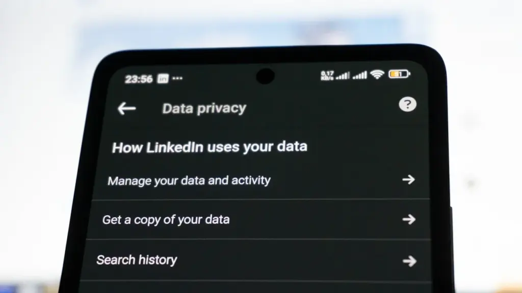 Viedtālruņa ekrānā redzami LinkedIn datu privātuma iestatījumi un lietotāja informācijas pārvaldības opcijas.